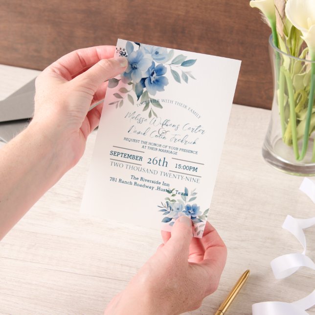 Elegant Blue Watercolor Botanical Floral Wedding  Vellum Invitations (Handheld)