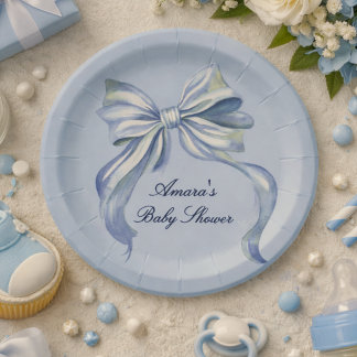 Elegant Blue Watercolor Bow Boy Baby Shower Paper Plate