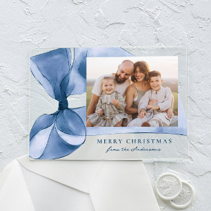 Elegant Blue Watercolor Bow Photo Holiday Card Acrylic Invitations
