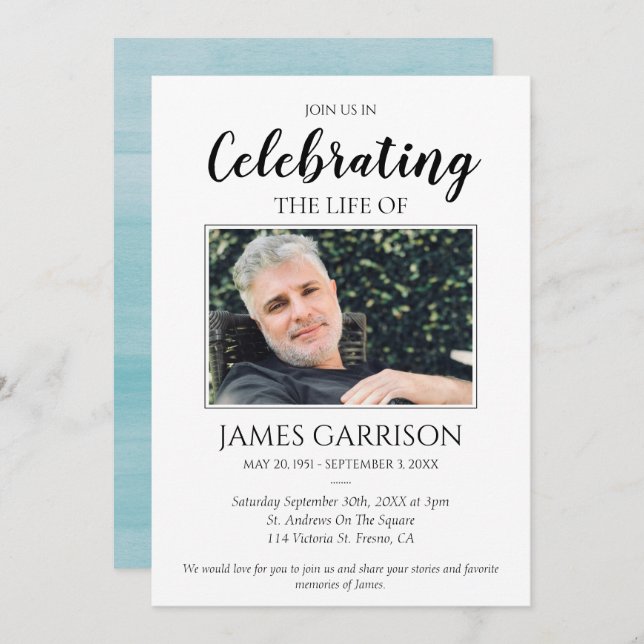 Elegant Blue Watercolor Celebration of Life Photo Invitation (Front/Back)