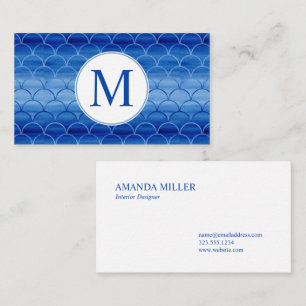 Elegant Blue Watercolor Fan Shape Pattern Monogram Business Card