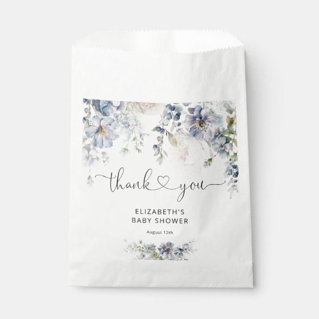 Elegant Blue Watercolor Floral Baby Shower Favour Bags (Front)