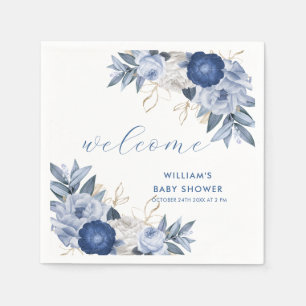 Elegant Blue Watercolor Floral Baby Shower Napkin