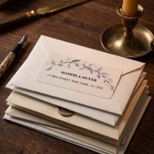Elegant Blue Watercolor Floral Branch Return Addr Label