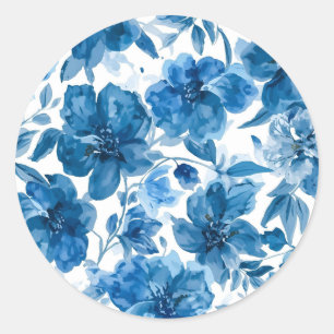 Elegant Blue Watercolor Floral  Classic Round Sticker