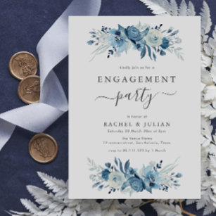 Elegant blue watercolor floral engagement party invitation