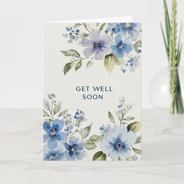 Elegant Blue Watercolor Floral Get Well Soon Card (Front)