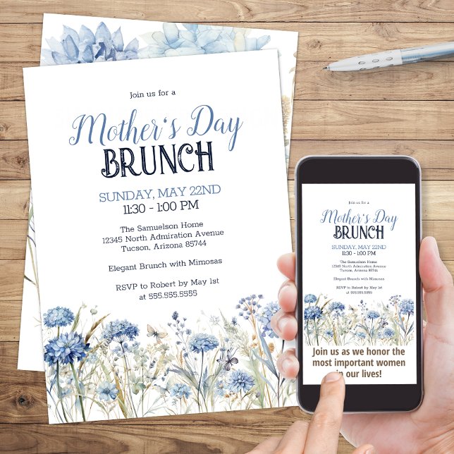 Elegant Blue Watercolor Floral Mother's Day Brunch Invitation (Elegant Blue Wildflowers Watercolor Flower and Butterfly Mother's Day Brunch Invitation)