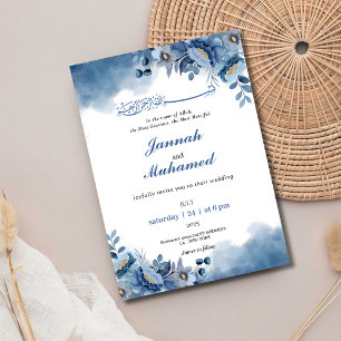 Elegant Blue watercolor Floral Muslim wedding  Invitation