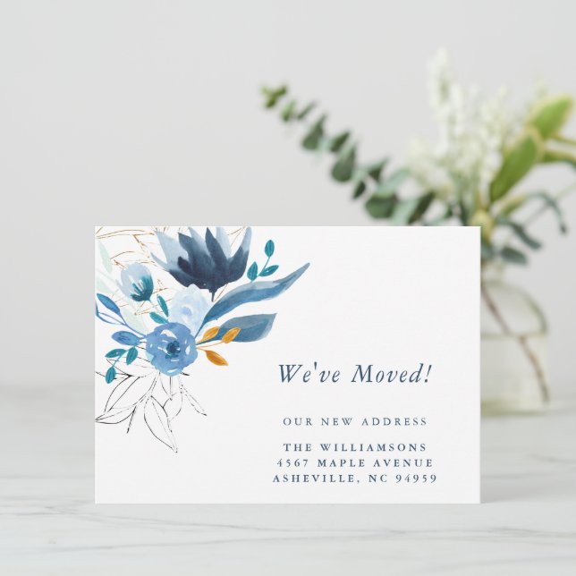 Elegant Blue Watercolor Floral New Home Moving Announcement (Standing Front)