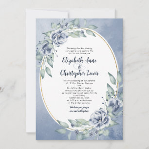 Elegant Blue Watercolor Floral Oval Frame Wedding Invitation