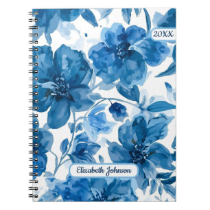 Elegant Blue Watercolor Floral Personalized Notebook