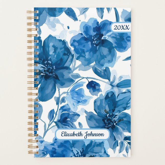 Elegant Blue Watercolor Floral Personalized  Planner (Front)