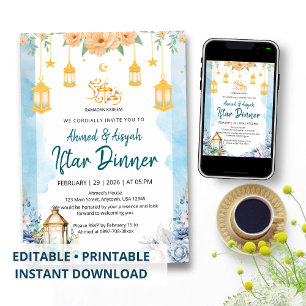 Elegant Blue Watercolor Floral Ramadan Iftar Invitation