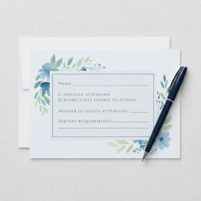 Elegant Blue Watercolor Floral RSVP Response Card (Elegant Blue Watercolor Floral RSVP Response Card with space for guests to fill out.)