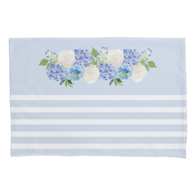 Elegant Blue Watercolor Floral Stripe Pillow Case (Front)