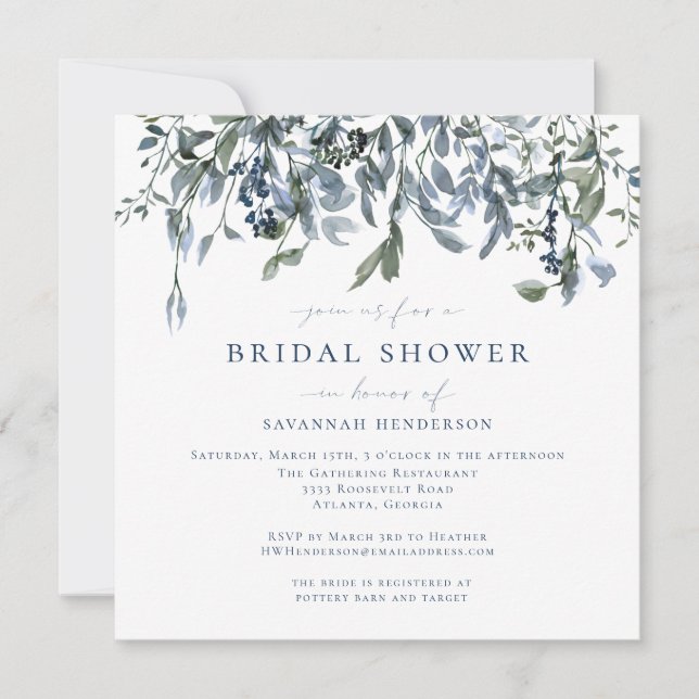 Elegant Blue Watercolor Floral Vines Bridal Shower Invitation (Front)