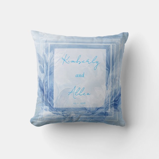 Elegant Blue Watercolor Floral Wedding  Cushion (Front)