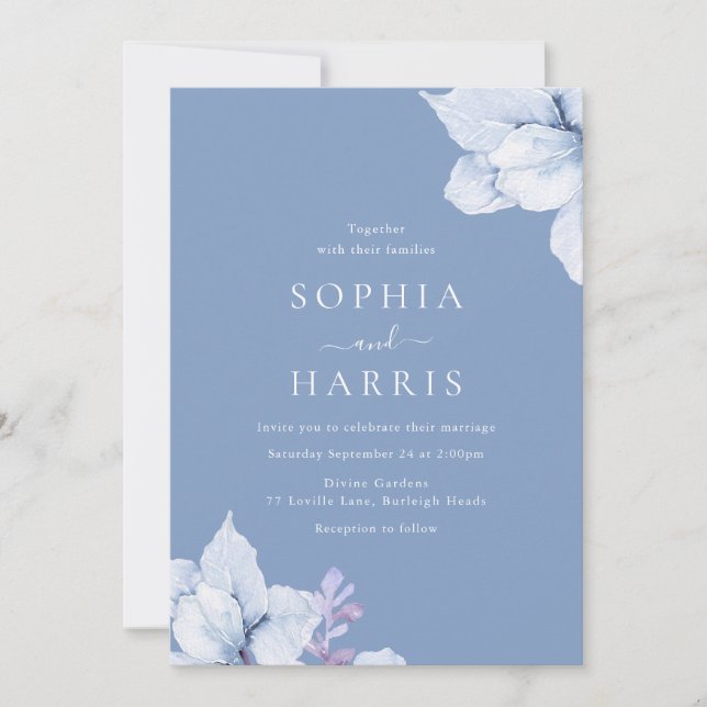 Elegant Blue Watercolor Floral Wedding Invitation (Front)