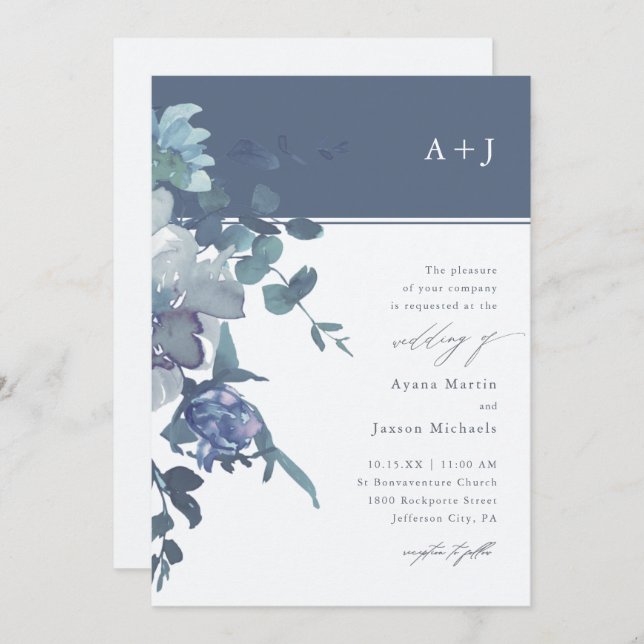 Elegant Blue Watercolor Floral Wedding Invitation (Front/Back)