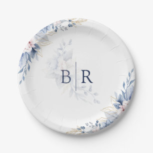 Elegant Blue Watercolor Floral Wedding Paper Plate