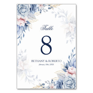 Elegant Blue Watercolor Floral Wedding Table Number