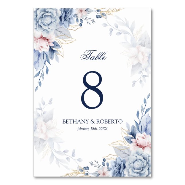 Elegant Blue Watercolor Floral Wedding  Table Number (Front)
