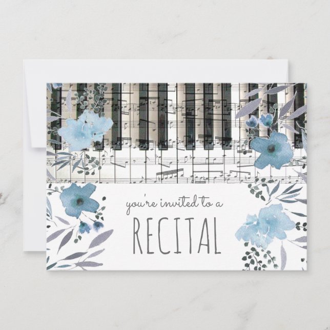 elegant blue watercolor flowers music recital invitation (Front)
