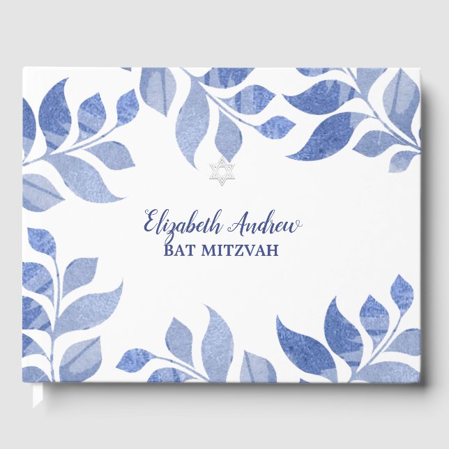 Elegant Blue Watercolor Foliage Bat Mitzvah Guest Book (Front)