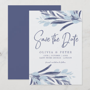 Elegant Blue Watercolor Foliage Wedding Save The Date