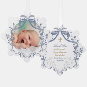 elegant blue watercolor frame Baptism thank you  Tree Decoration Card