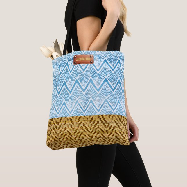 Elegant Blue Watercolor Geometric Rattan Look Tote Bag (Close Up)