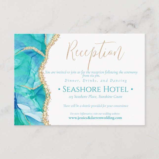 Elegant Blue Watercolor Glitter Wedding Reception Enclosure Card (Front)