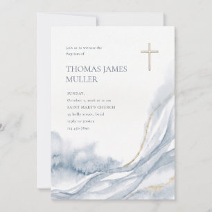 Elegant Blue Watercolor Gold Cross Baptism Invitation