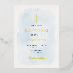 Elegant Blue Watercolor Gold Foil Baptism