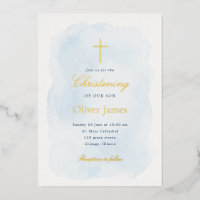 Elegant Blue Watercolor Gold Foil Christening