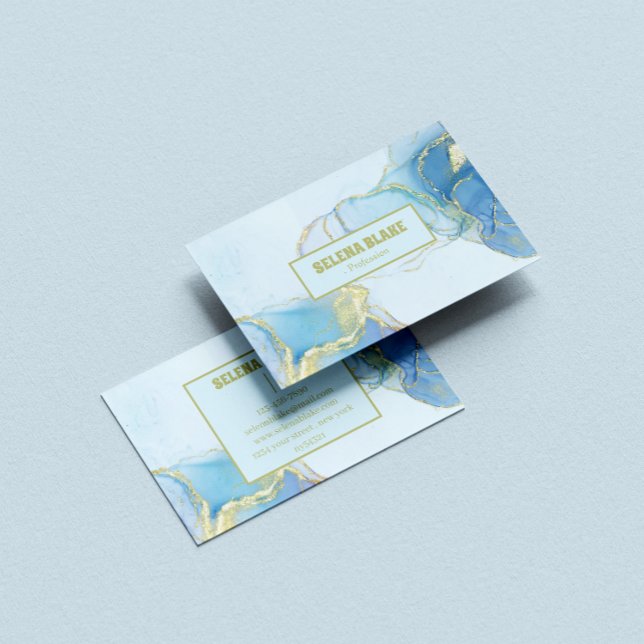 Elegant Blue Watercolor & Gold Glitter Business Card (Creator Uploaded)
