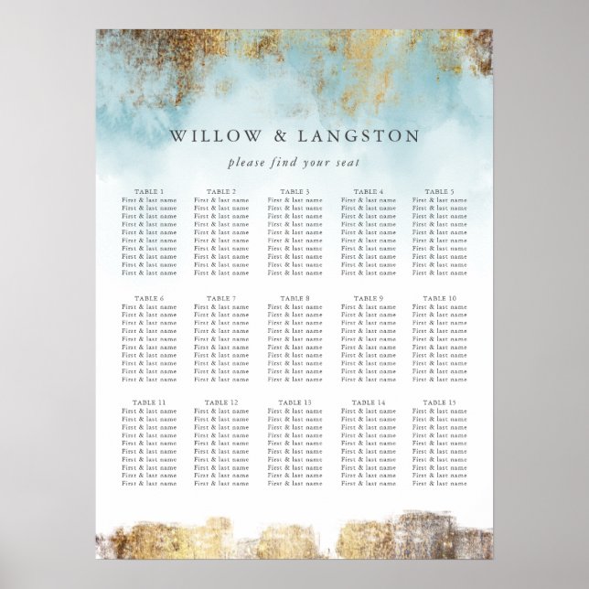 Elegant Blue Watercolor Gold Wedding Seating Chart (Front)