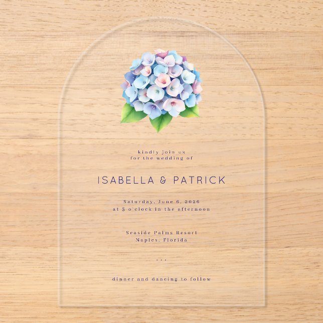 Elegant Blue Watercolor Hydrangea Acrylic Invitations (Front)