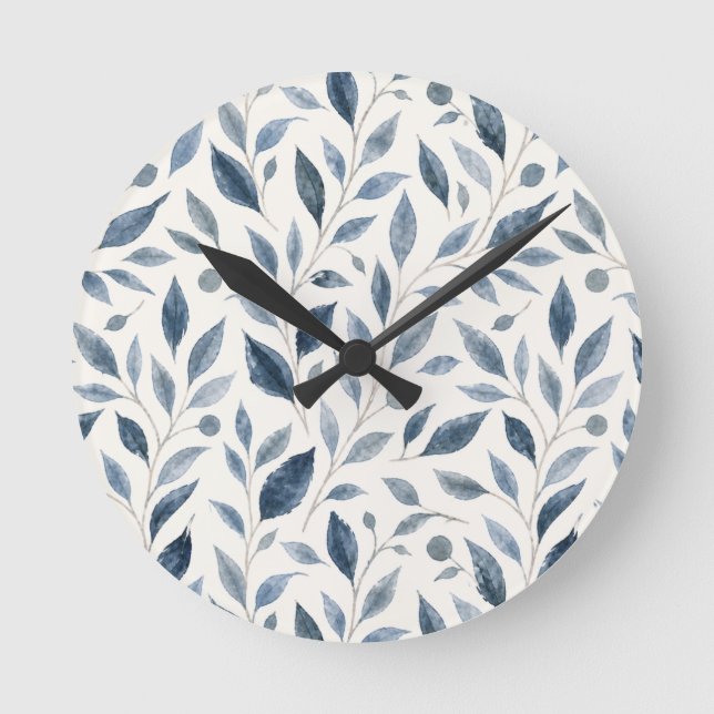 Elegant Blue Watercolor Leaves Pattern  Round Clock (Front)