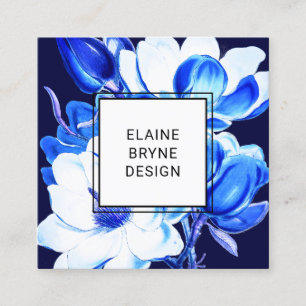 Elegant Blue Watercolor Magnolia Floral Square Squ Business Card