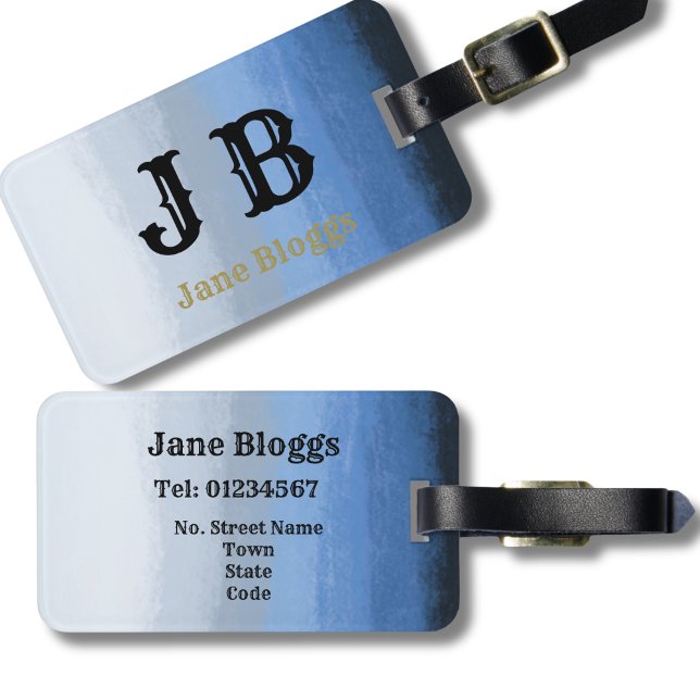 Elegant Blue Watercolor Monogram Ombre Luggage Tag (Creator Uploaded)