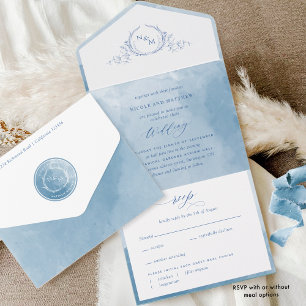 Elegant Blue Watercolor Monogram Wedding All In On One Invitation