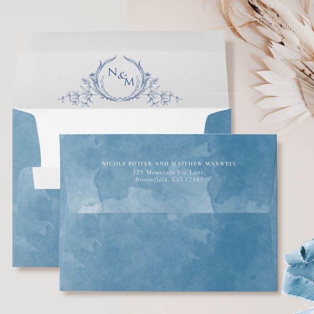 Elegant  Blue Watercolor, Monogram Wedding Envelope (Creator Uploaded)