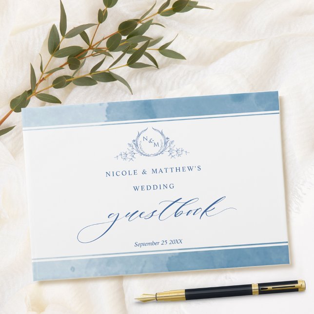 Elegant Blue Watercolor Monogram Wedding Guest Boo Guest Book (Creator Uploaded)