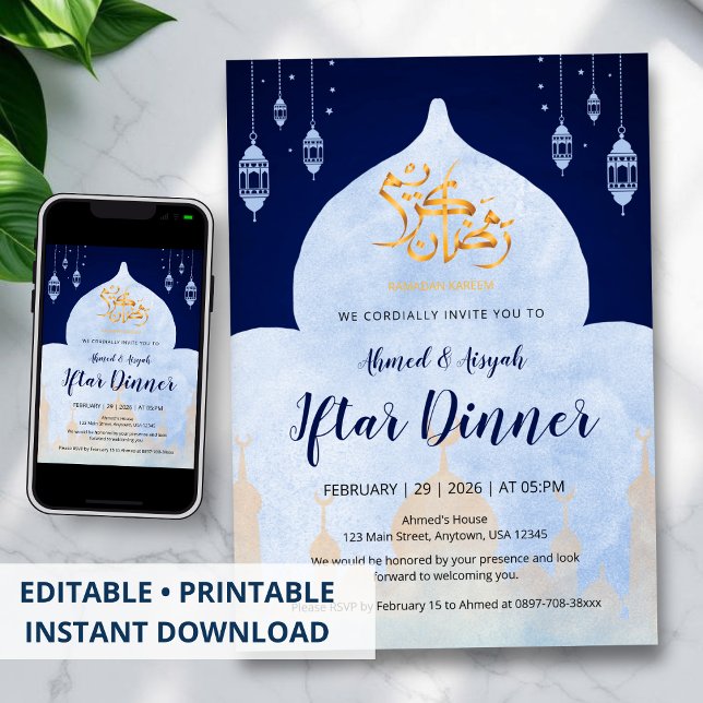 Elegant Blue Watercolor Mosque Ramadan Iftar Party Invitation (Creator Uploaded)