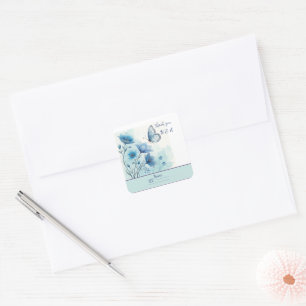Elegant Blue Watercolor Nature Floral & Butterfly Square Sticker
