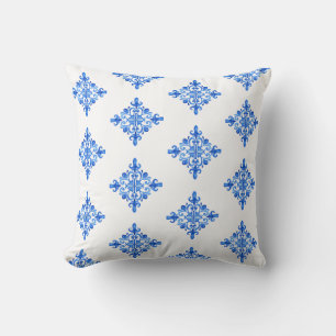 Elegant Blue Watercolor Portuguese Tile Floral Cushion