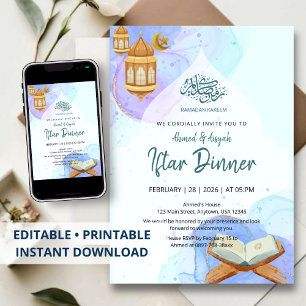 Elegant Blue Watercolor Ramadan Iftar Dinner Invitation