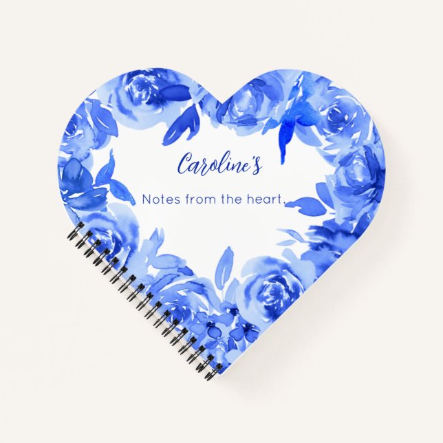 Elegant blue watercolor roses heart notebook (Front)